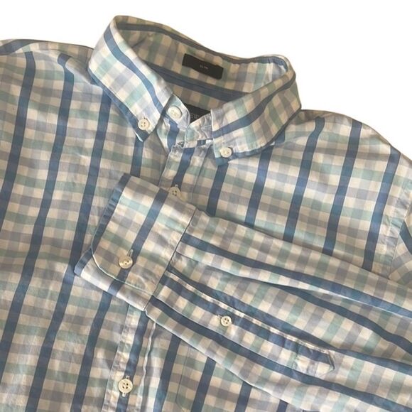 J Crew Blue and White Checked Long Sleeves Button Down Slim Shirt Size Small - Picture 1 of 7